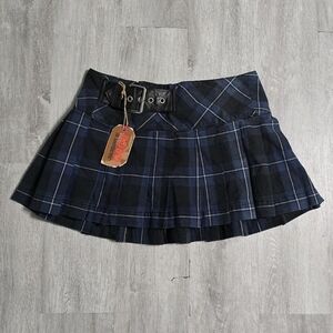 Y2K No Boundaries Navy Plaid Mini Skirt Pleated Belted Grunge Size 3